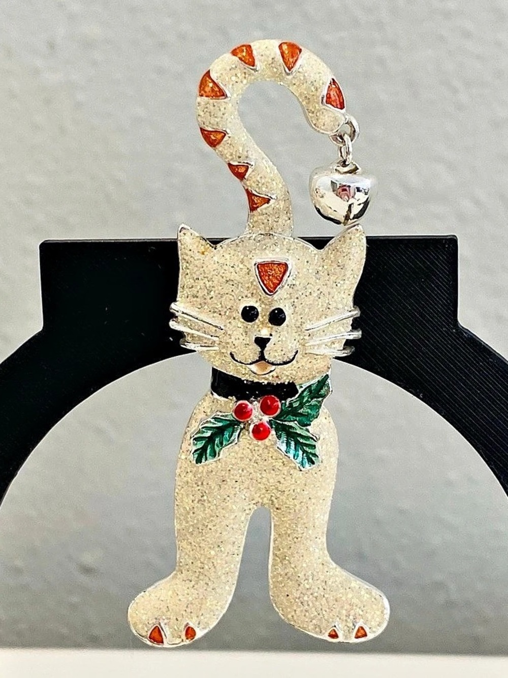 Vintage Christmas Cat Brooch White Glitter Enamel Holly Candy Cane Bell Tail